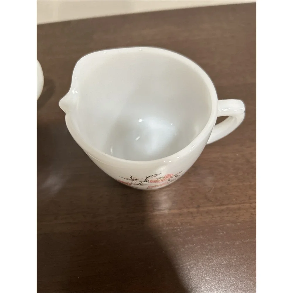 Fire King Fleurette Cream and Sugar Set Milk‎ Glass Floral Vintage